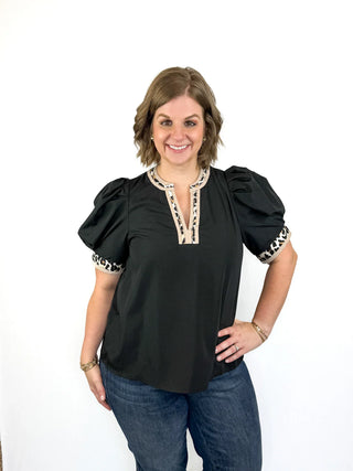 Black V Neck Leopard Trim Top - SLS Wares