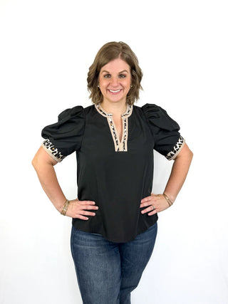 Black V Neck Leopard Trim Top - SLS Wares