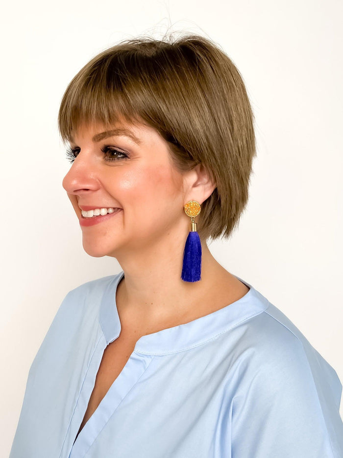 Blue & Gold Glitter Tassel Earrings - SLS Wares