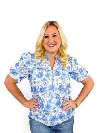 Blue Floral Ruffle Collar Top - SLS Wares