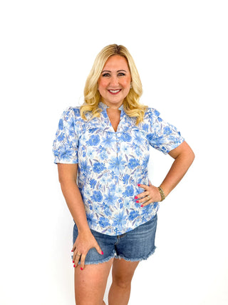 Blue Floral Ruffle Collar Top - SLS Wares