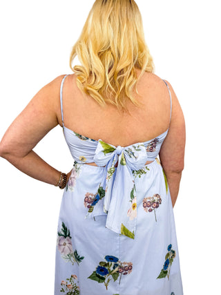 Blue Floral Scallop Neck Tie-Back Midi Dress - SLS Wares