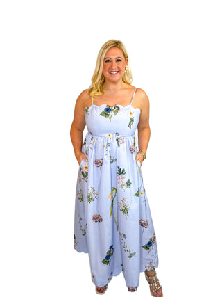 Blue Floral Scallop Neck Tie-Back Midi Dress - SLS Wares