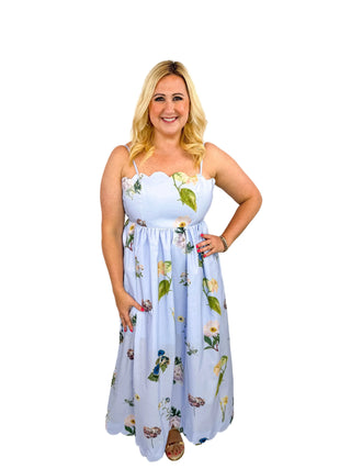 Blue Floral Scallop Neck Tie-Back Midi Dress - SLS Wares