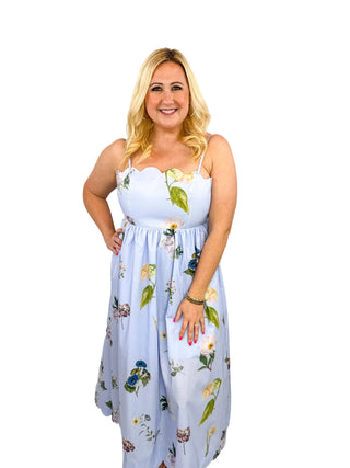 Blue Floral Scallop Neck Tie-Back Midi Dress - SLS Wares