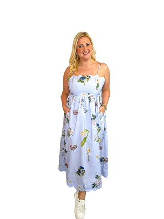 Blue Floral Scallop Neck Tie-Back Midi Dress - SLS Wares