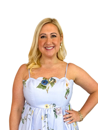 Blue Floral Scallop Neck Tie-Back Midi Dress - SLS Wares