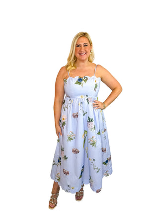 Blue Floral Scallop Neck Tie-Back Midi Dress - SLS Wares