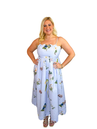 Blue Floral Scallop Neck Tie-Back Midi Dress - SLS Wares