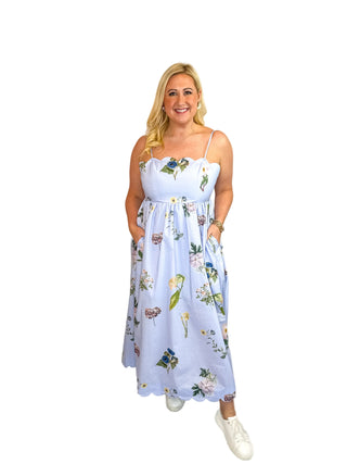 Blue Floral Scallop Neck Tie-Back Midi Dress - SLS Wares