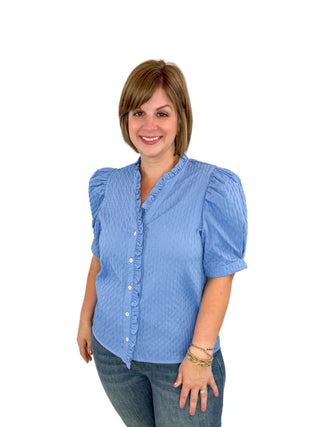 Blue Textured Ruffle V-Neck Puff Sleeve Top - SLS Wares