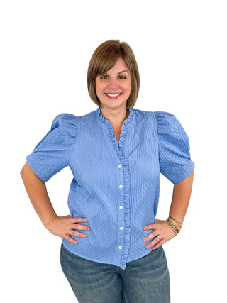 Blue Textured Ruffle V-Neck Puff Sleeve Top - SLS Wares
