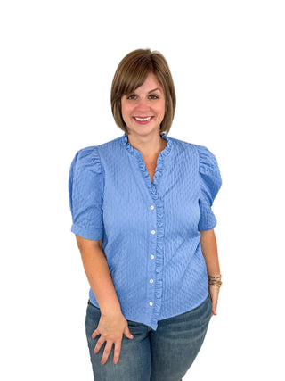 Blue Textured Ruffle V-Neck Puff Sleeve Top - SLS Wares
