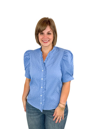Blue Textured Ruffle V-Neck Puff Sleeve Top - SLS Wares