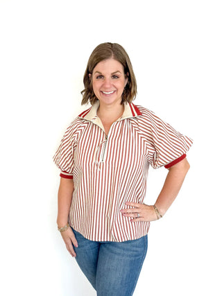 Brick & White Striped Puff Sleeve Top - SLS Wares