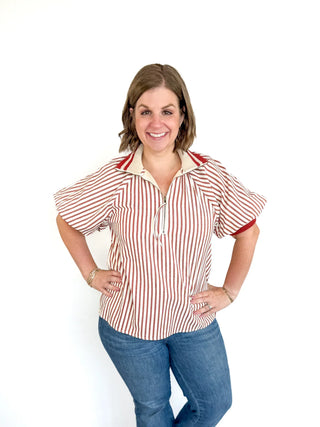 Brick & White Striped Puff Sleeve Top - SLS Wares