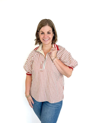 Brick & White Striped Puff Sleeve Top - SLS Wares