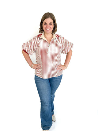 Brick & White Striped Puff Sleeve Top - SLS Wares