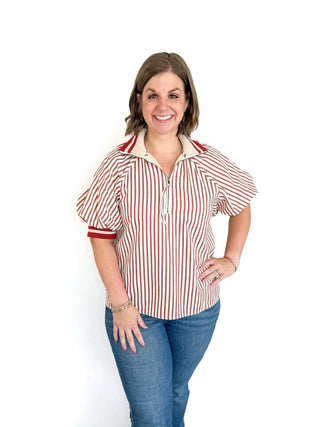 Brick & White Striped Puff Sleeve Top - SLS Wares