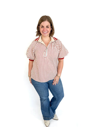 Brick & White Striped Puff Sleeve Top - SLS Wares