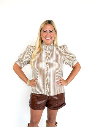 Brown & White Striped Puff Sleeve Top - SLS Wares