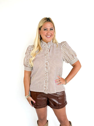 Brown & White Striped Puff Sleeve Top - SLS Wares