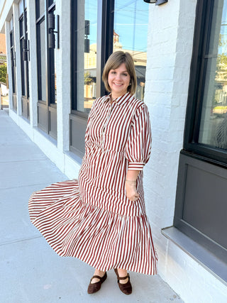 Burgundy & White Striped Midi Dress