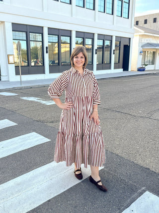 Burgundy & White Striped Midi Dress