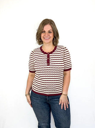 Burgundy & White Striped Scallop Top - SLS Wares