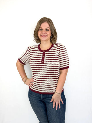 Burgundy & White Striped Scallop Top - SLS Wares