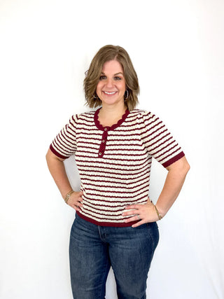 Burgundy & White Striped Scallop Top - SLS Wares
