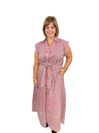 Burgundy & White Striped Tie-Waist Midi Dress