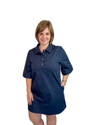 Classic Navy Pearl Button Shift Dress - SLS Wares