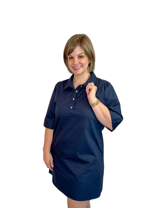Classic Navy Pearl Button Shift Dress - SLS Wares