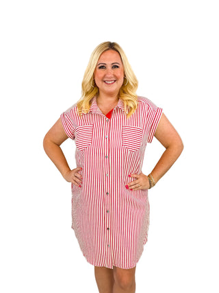 Classic Red & White Striped Button-Down Shirt Dress - SLS Wares