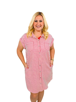 Classic Red & White Striped Button-Down Shirt Dress - SLS Wares
