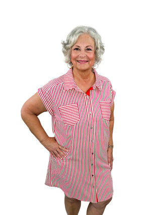 Classic Red & White Striped Button-Down Shirt Dress - SLS Wares