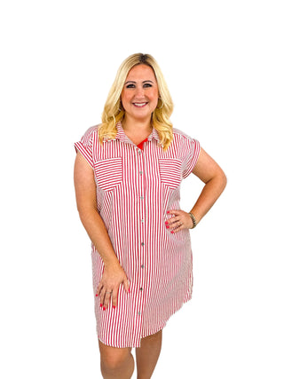 Classic Red & White Striped Button-Down Shirt Dress - SLS Wares