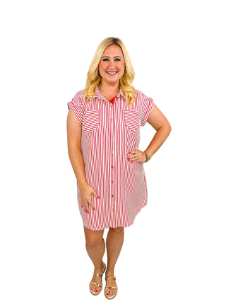 Classic Red & White Striped Button-Down Shirt Dress - SLS Wares