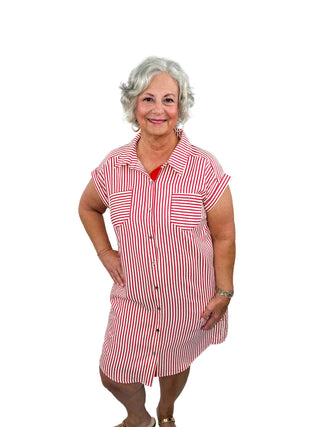 Classic Red & White Striped Button-Down Shirt Dress - SLS Wares