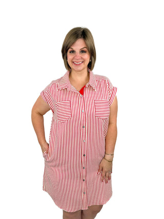 Classic Red & White Striped Button-Down Shirt Dress - SLS Wares