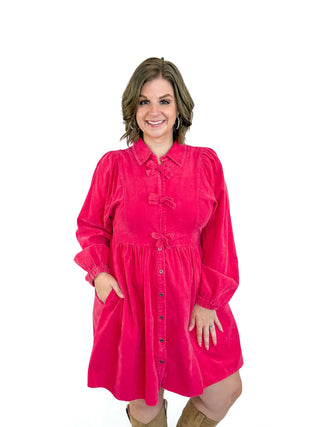 Cranberry Bow Tie Corduroy Dress - SLS Wares