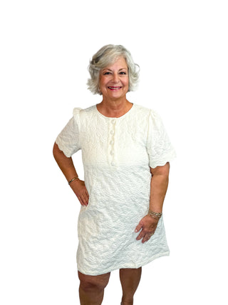 Cream Floral Jacquard Scalloped Shift Dress - SLS Wares