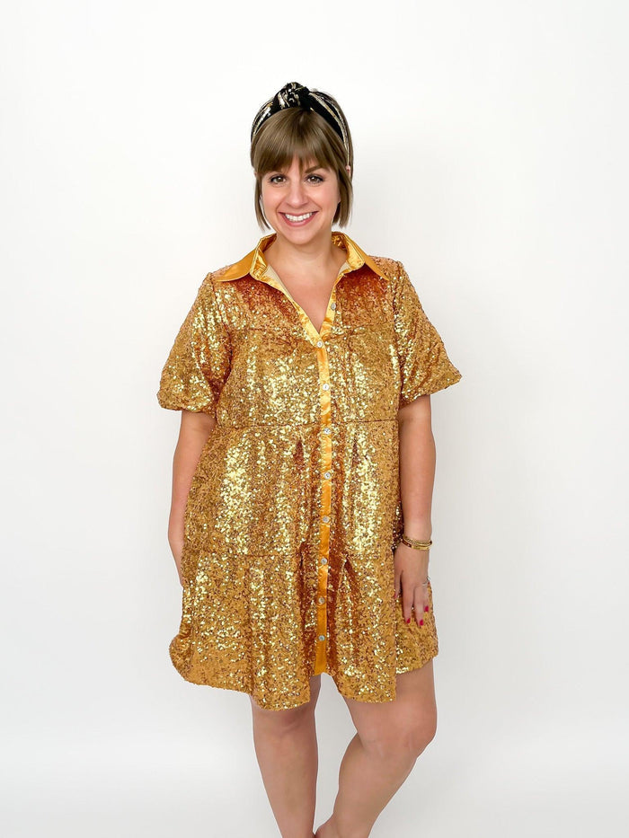 Gold Sequin Tiered Shirt Dress - SLS Wares