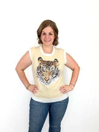 Golden Sequin Tiger Sleeveless Sweater - SLS Wares