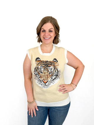 Golden Sequin Tiger Sleeveless Sweater - SLS Wares
