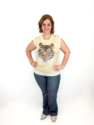 Golden Sequin Tiger Sleeveless Sweater - SLS Wares