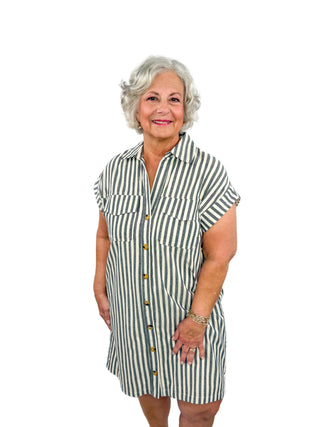 Gray & White Striped Button Down Dress - SLS Wares