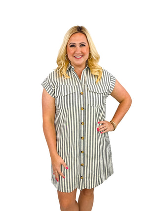Gray & White Striped Button Down Dress - SLS Wares