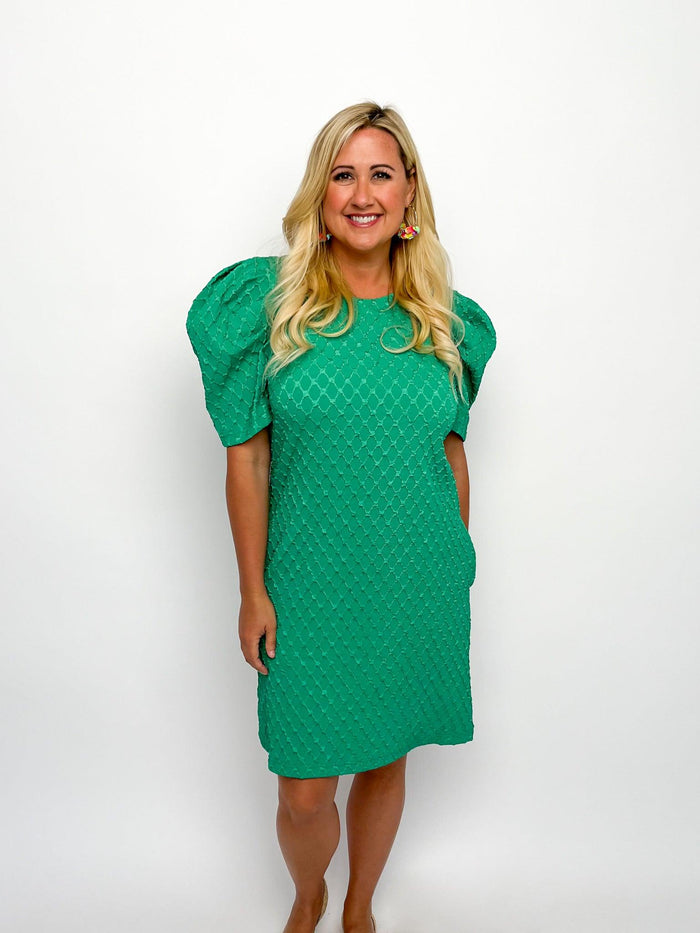 Green Jacquard Puff Sleeve Dress - SLS Wares